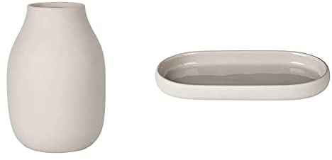 blomus -COLORA- Vase L aus Steingut, Moonbeam & SONO- Tablett aus Keramik, Moonbeam, Badezimmertablett in exklusiver Optik, Organizer, Deko, Schmuckaufbewahrung, Ablageschale Kosmetik