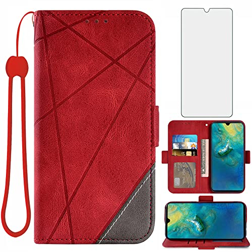 Asuwish Handyhülle für Huawei Mate 20 X 5G Hülle mit Glas Folie Schutzfolie Kartenfach Klappbar Leder Geldbörse Ständer Hawaii Mate20 20X Handy Hüllen Schutzhülle Handyhüllen Schutzglas Phone Case Rot