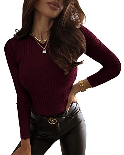 Cicy Bell Damen Langarmshirts Gerippt Stricken Basic Oberteile Rundhalsausschnitt Slim Fit Einfarbig Pullover Burgund L