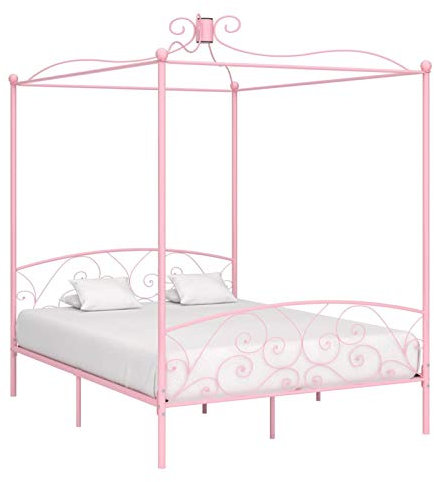 Homgoday Himmelbett aus Metall, Rosa, 180 x 200 cm, Bettgestell mit Rahmen, Rahmen, modernes Bett, Bettgestell für Wohnzimmer, Schlafzimmer