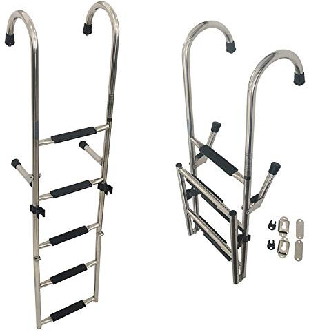 JUNNIU Échelle de Bateau Ponton Pliable en 5 marches, échelle d'embarquement Portable en Acier Inoxydable avec Main Courante à pédale Large, Piscine/Yacht Marin/Quai Decoration