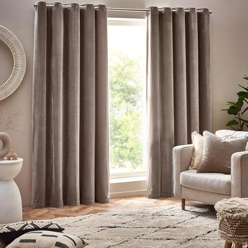 Yard Heavy Chenille Eyelet Curtain Pair – Lined Room Darkening, Soft Velvet Home Décor (Greige - Width 168 x Drop 137cm)