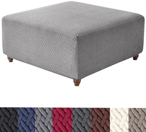 HFCNMY Stretch-Strick-Jacquard-Ottomanen-Bezug, dicker, waschbarer Schonbezug für quadratische Aufbewahrung, Ottomane mit elastischer Unterseite, Grau, Größe M