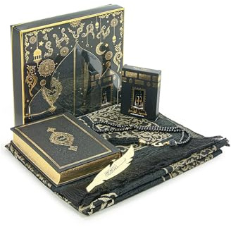 ihvan online Gebetsgeschenk-Set für Männer & Frauen, muslimischer Gebetsteppich, Salah-Matte, Perlen Taasbih, arabischer Heiliger Koran, islamisches Geschenkset für Ramadan & Eid, Schwarz