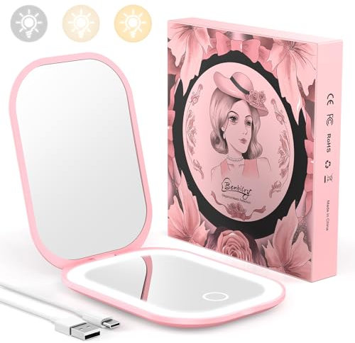 Benbilry Miroir de voyage compact éclairé avec 3 lumières de couleur et grossissement 1X/3X, miroir de poche rechargeable ultra fin pour sac à main, double face, portable, pliable, rose clair