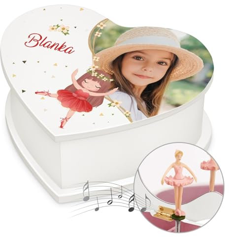 Maverton personalisierte Musikschmuckdose mit eigenem Foto - Schmuckkästchen Ballerina Spieldose - Schmuckkiste in Herzform für Mädchen - Musikspieldose zur Taufe Kommunion - Balletttänzerin