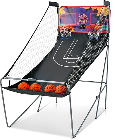 GYMAX Automat Basketballkorb, faltbar Elektronische Basketballspiel mit 8 Spieleinstellungen & elektronischer Anzeigetafel, Schießmaschine inkl. 4 Bällen & 2 Fangkörben (Violett)