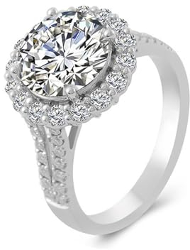 Bridal Rings, Ring Moissanite Band Art Deco 9K White Gold Size U 1/2 Heart 2CT White Round Moissanite for Women Anniversary