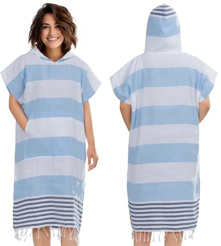 JEMIDI Hammam Poncho - Quick Dry Lightweight Adult Beach Robe Towel with Hood - Changing Hooded Adults Poncho - For Beach Swimming Surf Sauna - Blue Size S/M