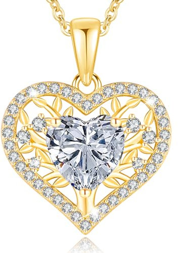 LAVUMO Lebensbaum Herz Kette Damen 925 Sterling Silber Geburtsstein Anhänger Halsketten Geburtstagsgeschenk für Frauen Freundin Mama Valentinstag Muttertags Weihnachten (Gold)
