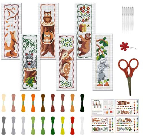 FREEBLOSS 6 Set Kreuzstich Lesezeichen, Gestempeltes Kreuzstich mit Cartoon Waldtier Muster, Cross Stitch Kit mit Anleitung, DIY Lesezeichen Set als Geschenk Für Erwachsene, 6 x 20 cm