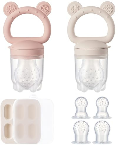 2 Pack Silicone Baby Fruit Feeder with Mini Freezer Tray, Breastmilk Popsicle Molds for Baby Teething Relief, Fresh Food Feeder for Safe Infant Self Feeding, Extra Food Pouches - Pink