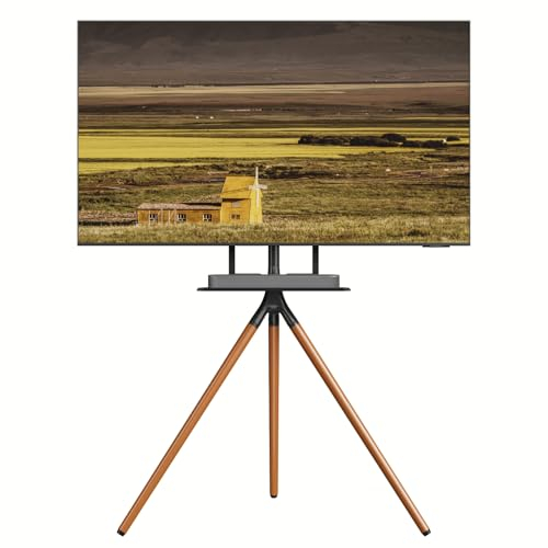 UPGRAVITY Easel TV Stand for 45-65 inch Flat Screens, Height Adjustable Tripod TV Stand with Soundbar Shelf, Portable TV Floor Stand w/Cable Ties, 180° Swivel, Max. VESA 600x400mm
