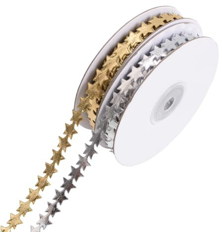 WANDIC 2 Rollos de Cinta en Forma de Estrella Dorada y Plateada de 10 m, Adorno para Envolver Regalos, decoración de árbol de Navidad, Hacer Coronas