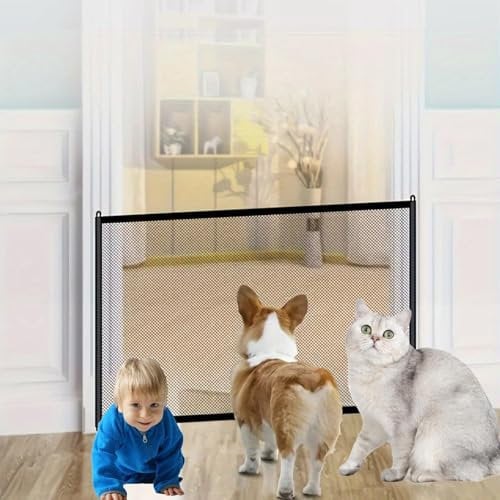 Vellivar Stair Gates for Dogs, 110×72 cm Portable Mesh Stair Gate Indoor Extendable No Drilling Baby Gates Safety Dog Stair Gates for Kids Pets and Baby Mesh Gate with 6 Hooks