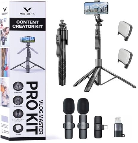 Vlogging Kit for iPhone, YouTube TikTok Podcast Video Recording Starter Kit for Content Creators, Equipment: Full Size Tripod, Phone Stabilizer, Bluetooth Shotgun Microphones & LED Lights
