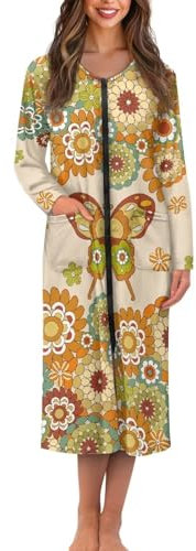 Suhoaziia Langer Damen-Bademantel, weich, leicht, Hausmantel, Loungewear mit Taschen, langärmelig, Nachtwäsche, Kleid, S-4XL, Mandala, Bohemian-Schmetterling, XL