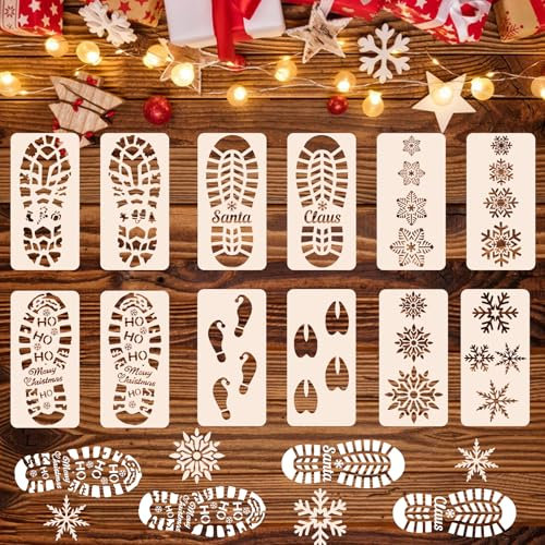 WOFEU 12 Stück Weihnachtsschablone, Weihnachts dekorationen Innen, Santa Fußabdruck Schneeflocke Schablonen Weihnachten Boden Schablonen Urlaub Dekorationen (30x15cm)