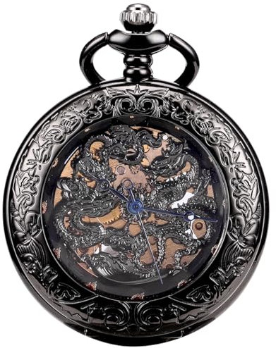 ManChDa Taschenuhr-Taschenuhren Spezielle Lupe Abdeckung Glücklicher Drache Mechanisches Skelett Antike Steampunk Handaufzug Römische Ziffern Antike Fob Uhr für Herren mit Kette Geschenk Box | Schwarz