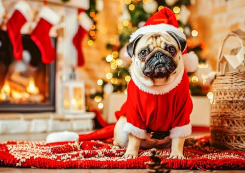 CALVENDO Poster 42,0 x 29,7 cm Querformat Mops als Weihnachtsmann| Bilder, Kunstdruck, Wandbild, Wanddeko, Prints ohne Rahmen