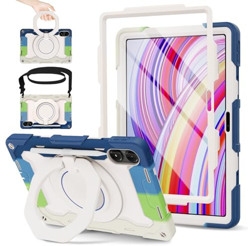 ROISKIN Hülle für Xiaomi Redmi Pad Pro/Xiaomi Poco Pad 12.1 Zoll 2024 mit Displayschutz & Drehbarer Ständer & Schultergurt & Stifthalter,Heavy Duty Stoßfeste Military Hülle für Redmi Pad Pro,Blau