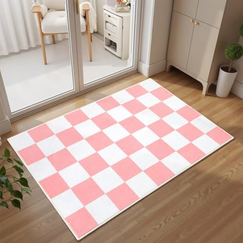 Terrug Petit tapis à carreaux rose et blanc pour entrée, petit tapis lavable avec antidérapant pour cuisine, chambre à coucher, porte d'entrée, porche