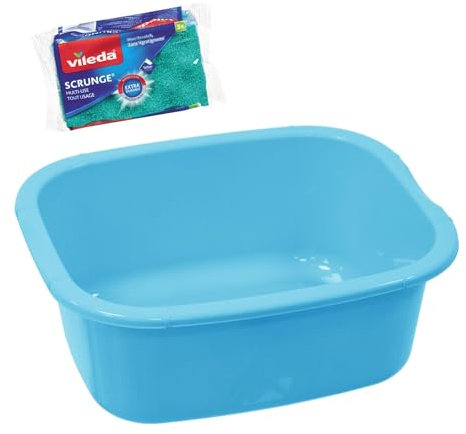 simpa 11L Multi-Purpose Sky Blue Plastic Rectangular Household Cleaning Bowl with 3PC Sponge Pack for Washing Up, Window Cleaning, Car Valeting and Multi Room Spot Cleaning Tasks.