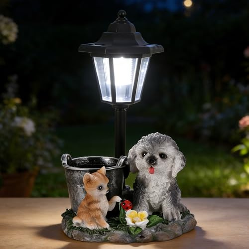 SUNJULY Garden Ornaments Outdoor, Outdoor Solar Lights Dog Cat Lanterns, Garden Resin Ornaments With Solar Post Lights, Solar Garden Ornaments, Gardening Gifts For Women, Garden Gifts For Women