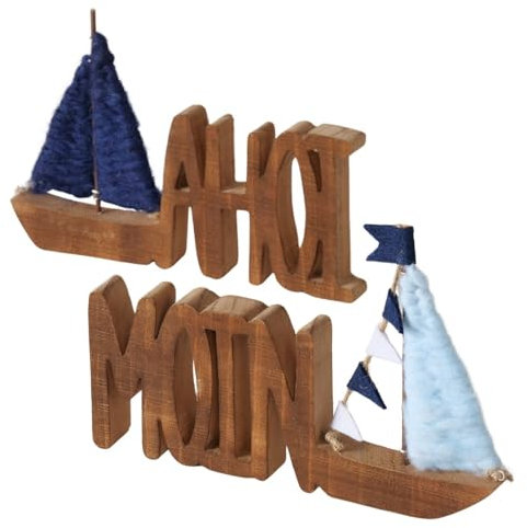 ReWu Maritimer Dekoaufsteller Schriftzug - AHOI & Moin - Holz Maritim Dekoration Wohndekoration Dekofigur Tischdeko Holzdeko Aufsteller Segelboot 2-teilig