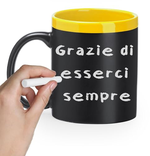 AL PRODUCTION Tazza Lavagna da Personalizzare con Gessetto – Scrivi quante volte vuoi – Tazza Regalo Originale per Compleanno, Per Amici, Genitori, Colleghi, Fidanzata con gesso incluso. (Giallo)
