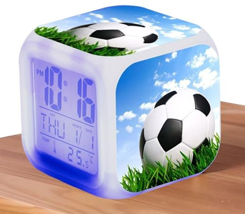 Fußballuhr für Kinder, digitale Uhr, Würfel, Fußball-Wecker mit buntem Nachtlicht, Farblichtern, Temperaturkalender, Musik für Kinder, Geschenk, Schlafzimmer, Nachttisch