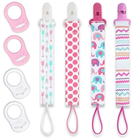 BOBOPACK 4PCS Accroche Tetine Bebe, Attache Tetine Mam, avec 4Pcs Adaptateur de Sucette, Attaches-Sucettes, Doux et Flexible, Convient aux Sucettes pour Bébés (Rose)