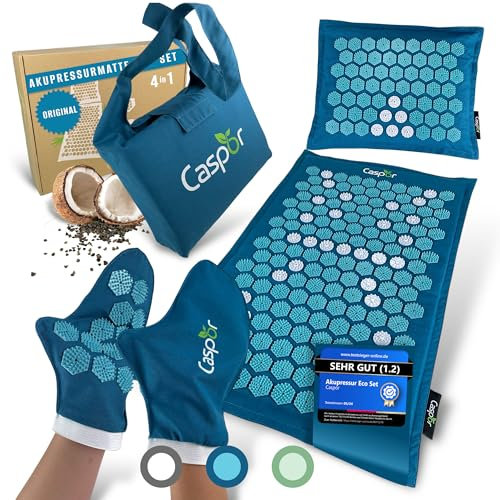 Akupressurmatte Set mit Kissen (Original), Tasche, Massagehandschuhe - akupunktur matte aus Leinen mit Kokosfasern, akkupressmatte Hilfe bei Verspannungen, Rückenschmerzen - Caspor®