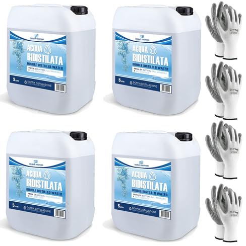 CHEMICA SOLUTIONS Agua bidestilada pura para uso industrial y clínico, 4 x 5 litros, destilada dos veces, desmineralizada, fabricada en Italia + 4 pares de guantes de regalo