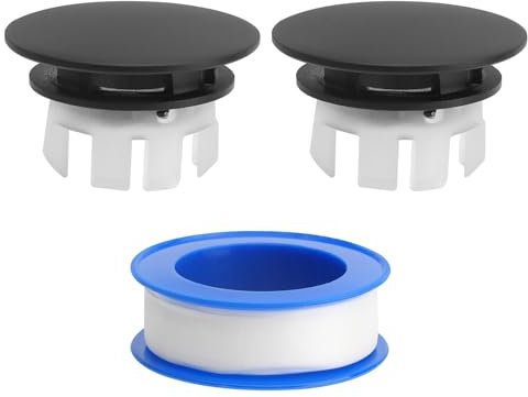 APOMOONS 2 Pieza Anillo de Desbordamiento Lavabo Redondo Cubierta Cubierta Desbordamiento Embellecedor Lavabo Tapa Rebosadero Lavabo para Baño Cocina Tapón Fregadero con un Carrete de Cinta Ptfe Negro