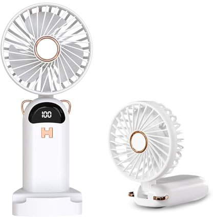 LUTW Handheld Fan, Mini Portable Fan Handheld Rechargeable USB with 5 Speeds, Battery Operated Foldable Desk Desktop Fans with LED Display for Outdoor Travel Office Home, White
