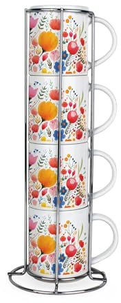 Purely Home Bright Floral Stacking Mugs Set - Pretty Flower Presents for Her - Set of 4 Ceramic Mugs Gift Set with Metal Stand