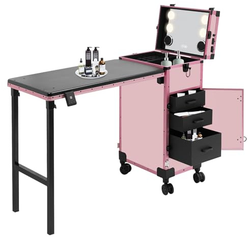 Fyssnn Schminkkoffer mit Beleuchtung Spiegel & Bluetooth & Rollen - 3 Schubladen Kosmetikkoffer Groß Modern, 50kg Tragkraft, Make up Koffer für Friseur, Beauty Case, Tatto Tisch, Nagelkoffer (Rose)