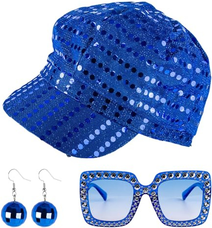 SSKHE 3Stück Set 70er Jahre Disco Zubehör Hut Abba Accessories Women Abba Outfit Damen Blau Disco Hut Quadratischen Glitzer Sonnenbrillen Ohrringe Dance Kostüm für Karneval