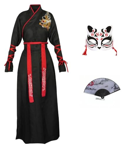 CRFASIBE Hanfu Femme, Costume Traditionnel Chinois avec Accessoires, XL/3XL | Ensemble de Hanfu Brodé, Déguisement avec Masque et Éventail Pliant, Coffret Cadeau, ideal pour Carnaval, Cosplay, Fêt