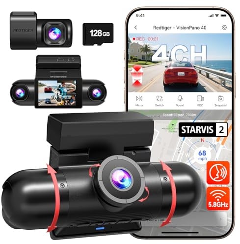 REDTIGER 4-Kanal-360° Dashcam Auto, Dual STARVIS 2, 5 GHz WiFi, 128GB Karte | 2,5K*2+1080P*2 Vorne und Hinten Innen Links und Rechts, 8 IR-Lichter für Nachtsicht, 4 Einstellbare Objektive(VP40)