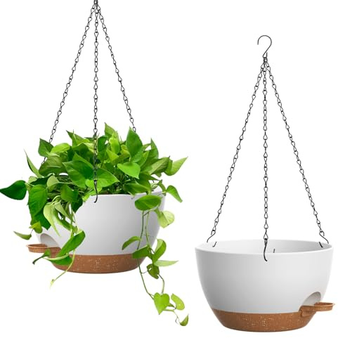 Homeuouz Set di 2 cesti sospesi autoirriganti da 25 cm, vasi da fiori da appendere per interni ed esterni, vasi da fiori sospesi con scarico per balcone, soggiorno, cucina, bianco con marrone