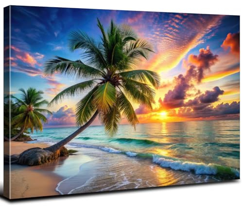 Sunset Beach Coastal Wall Art Bathroom Wall Decor Nature Sand Dune Ocean Landscape Picture Canvas Prints Photography, Tropical Seascape Palm Trees Painting Poster Artwork Home Decorations 12x16”