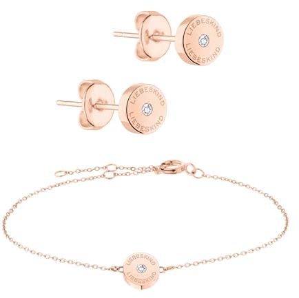 LIEBESKIND BERLIN Schmuck-Set mit Zirkonia-Stein - Elegantes Armband mit rundem Ohrstecker mit Zirkonia-Stein - IP Roségold - Ankerkette verstellbar bis 20 cm - wasserfest & hautfreundlich
