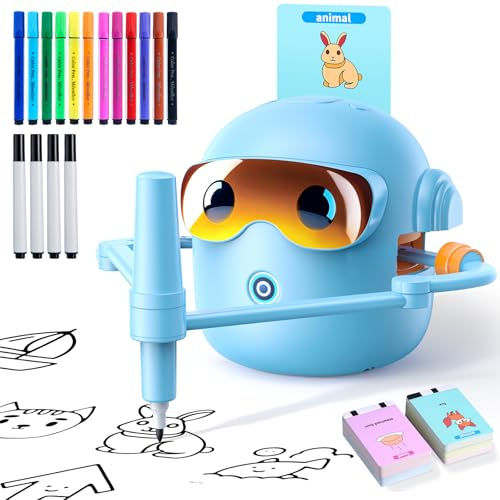 NAUQUOHZ Drawing Robot for Kids Montessori Painting Toys for 3 4 5 6 7 8 Year Old, Voice Interactive Educational Drawing Machine with 100 Cards,16 Colorful Pens & Music-Gift for Boys Girls (Blue)