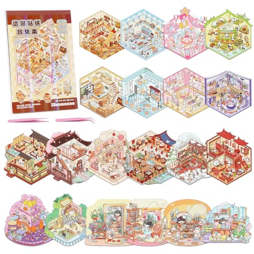 SULOLI 20 Szenen 3D Miniatur-Haus Stickerbuch, 30 PET-Sticker & 2 Pinzetten, Wiederverwendbares DIY-Bastelset für Kinder und Erwachsene