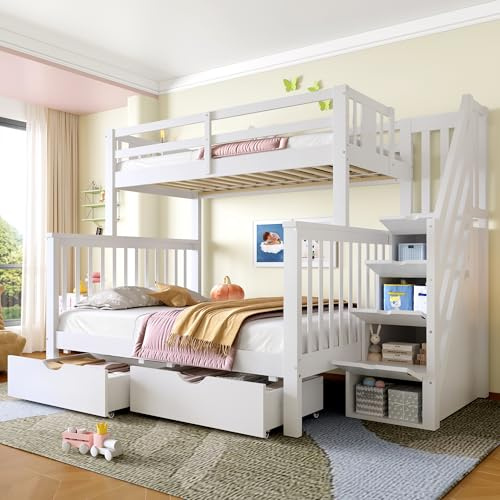 Xfholl Double High Sleeper Bed Frame with Drawer Storage, Space-Saving Design, Children Cabin Bed for Bedroom, Dorm, White (No Mattress)