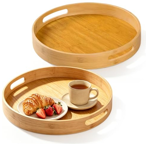 Nimblyne 2 Stück Bambus Tablett Rund 30cm, Holztablett Rund, Serviertablett Holz mit Griff, Rundes Küchentablett, Tablett Holz Rund, für Lebensmittel,Tee, Kaffee, Obst, Mahlzeiten