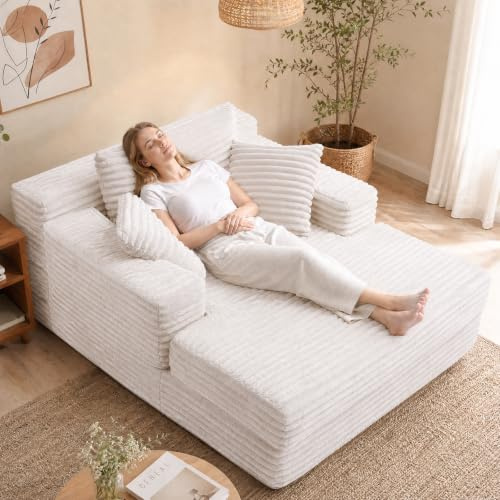 170cm Schlafsofa, Boneless Couch Modernes Cord Bodensofa mit Schlaffunktion – Cloud Sofa mit Chaiselongue, 3 Kissen, für Wohnzimmer, Schlafzimmer, Keine Montage Erforderlich, Gebrochenes Weiß