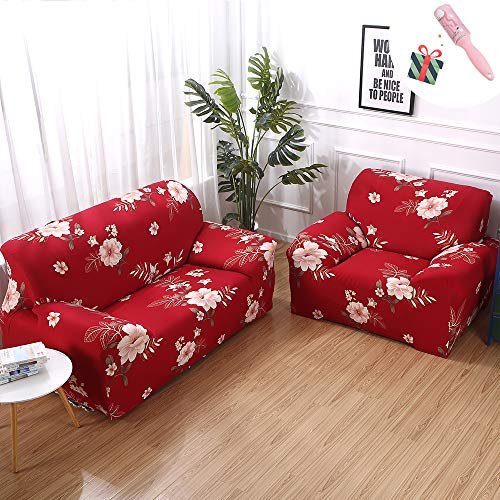 Elastisch Sofa Überwürfe Sofabezug, Morbuy Ecksofa L Form Stretch Antirutsch Armlehnen Blume Sofahusse Sofa Abdeckung Hussen für Sofa Couchbezug Sesselbezug (2 Sitzer,Rot)